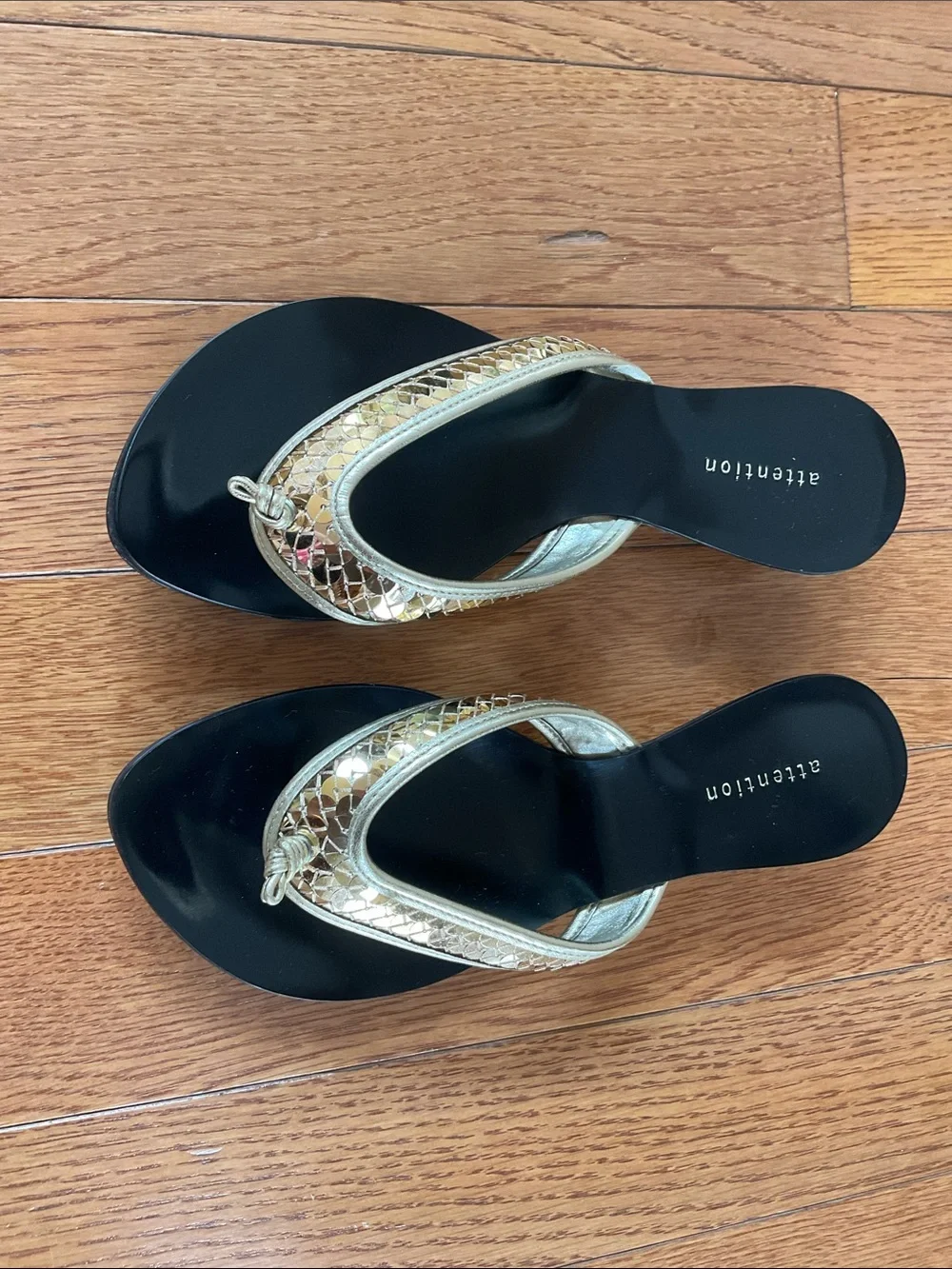 Attention,  Black Thong Sandals with Gold Braided Trim NWOT Sz 6